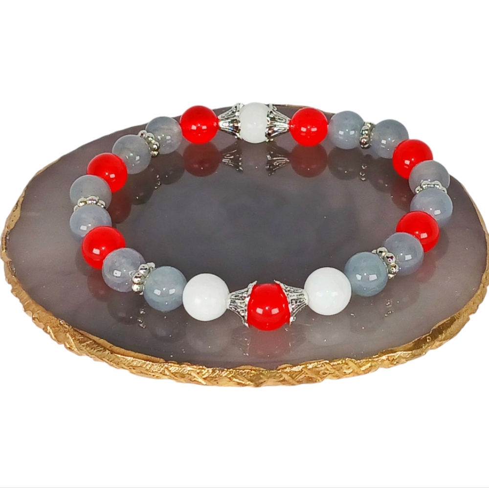 Cherry Red & White Jade Grey Chalcedony Bracelet Y2k Retro Revival Earth Art
